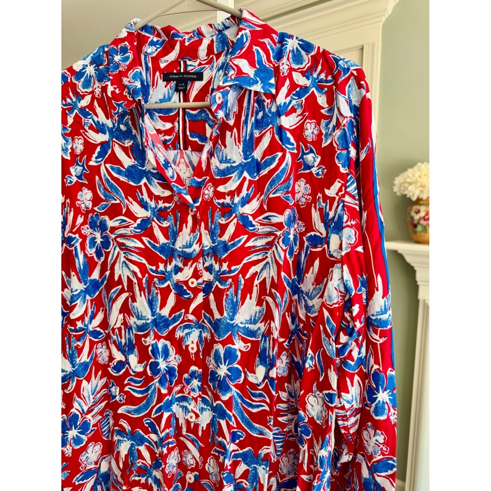 Tommy Hilfiger Womens Red Blue‎ Tropical Floral Fleur Button Up Blouse Large - Picture 3 of 8